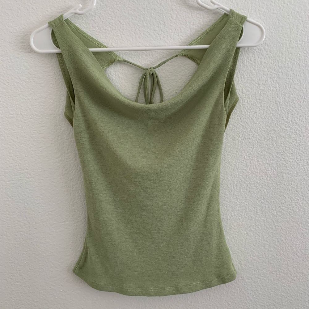 Green cowell neck, open/tie back tank top